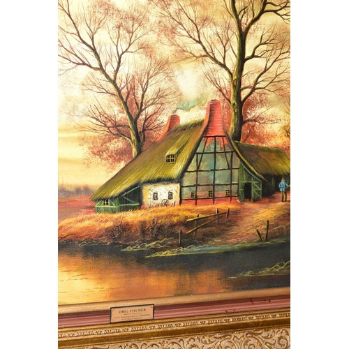 229 - FISCHER (GERMAN CONTEMPORARY), a Continental cottage beside a river at dusk, signed and dated 1980 b... 