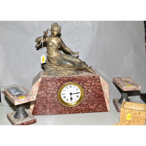 237 - A ROUGE AND BEIGE MARBLE CLOCK GARNITURE WITH RECLINING LADY ABOVE, together with a rouge and yellow... 