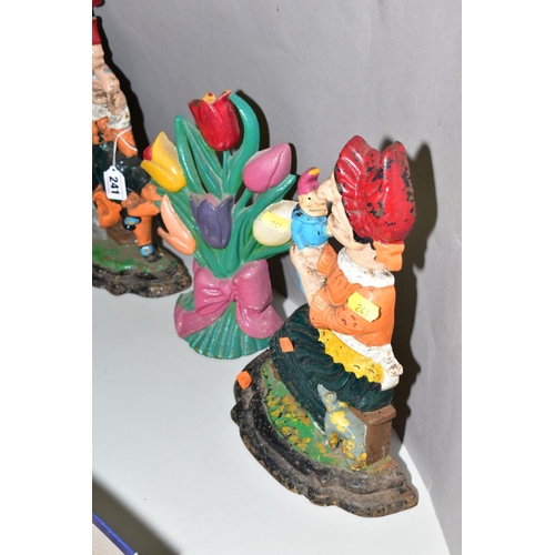 241 - TWO CAST IRON DOORSTOPS, Mr Punch and Mrs Punch, have been repainted and have paint loss and wear, a... 