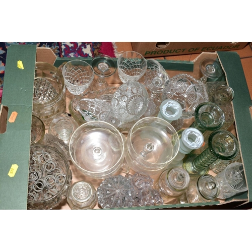 245 - SIX BOXES AND LOOSE 20TH CENTURY CUT AND PRESSED GLASS ETC, to include vases, bowls, drinking glasse... 