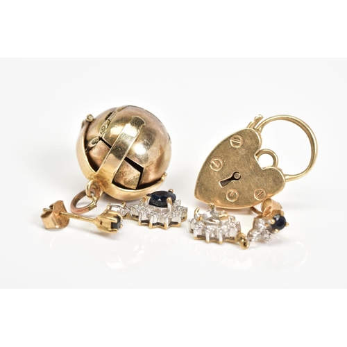 25 - A SELECTION OF ITEMS, to include a 9ct gold heart locket, a pair of 9ct gold sapphire set drop earri... 