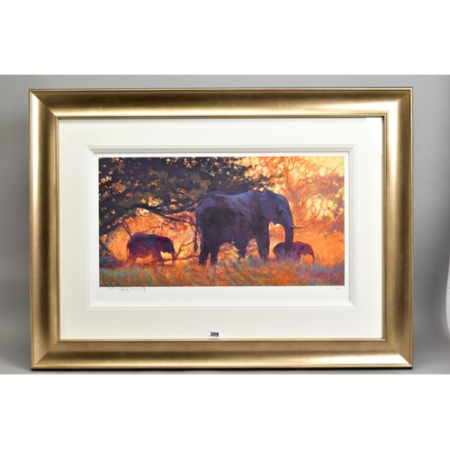 309 - ROLF HARRIS (AUSTRALIAN 1930) 'BACKLIT GOLD' a limited edition print of Elephants 58/195, signed to ... 