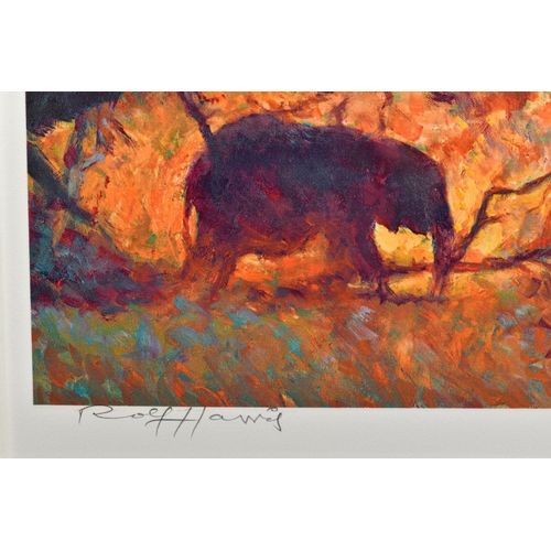 309 - ROLF HARRIS (AUSTRALIAN 1930) 'BACKLIT GOLD' a limited edition print of Elephants 58/195, signed to ... 