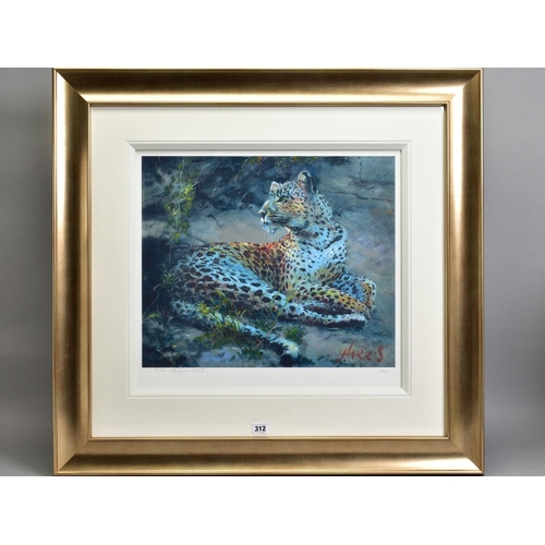 312 - ROLF HARRIS (AUSTRALIAN 1930) 'LEOPARD RECLINING AT DUSK' a limited edition print 46/195, signed to ... 