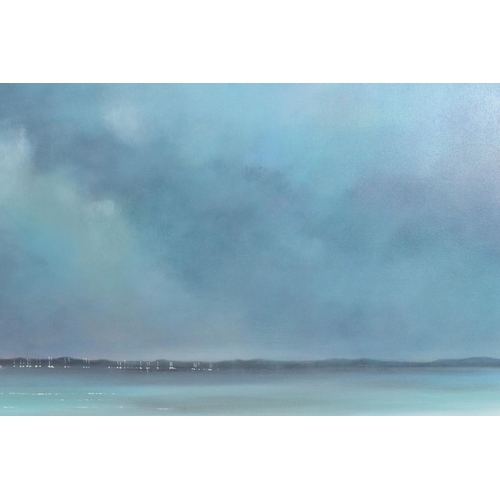 320 - CLAIRE GROSE (BRITISH CONTEMPORARY) 'CHICHESTER HARBOUR, RAIN COMING' an impressionist coastal seasc... 