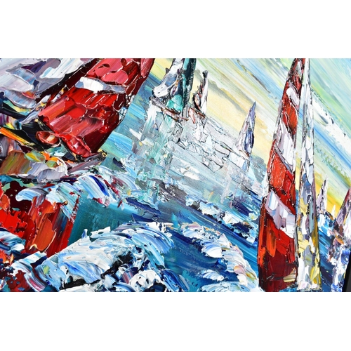 323 - MAYA EVENTOV (RUSSIA 1964) 'RACE DAY REGATTA V' sailing boats racing, signed centre bottom, impasto ... 