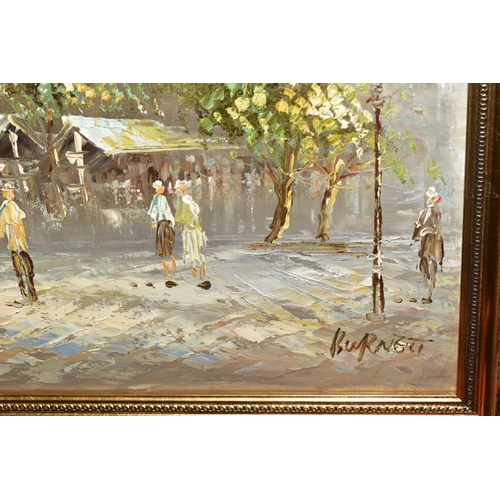 337 - THREE OIL PAINTINGS, comprising a Parisian street scene by Burnett, an Edwardian style study of a mo... 