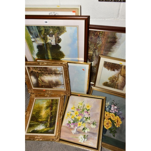 338 - PAINTINGS AND PRINTS comprising still life flower studies and landscape oils on board and canvas, Ge... 