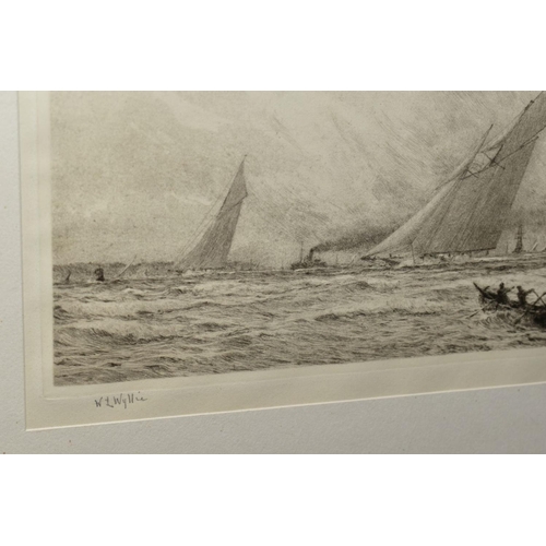 339 - WILLIAM LIONEL WYLLIE (1851-1931) 'WINDY DAY, COWES WEEK', racing yachts in full sail, signed in pen... 