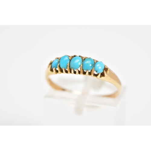 34 - A FIVE STONE RING, set with five graduated oval cut turquoise, to the plain polished band, ring size... 