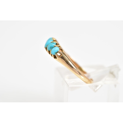 34 - A FIVE STONE RING, set with five graduated oval cut turquoise, to the plain polished band, ring size... 