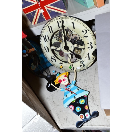 341 - DECORATIVE ITEMS, to include Newgate 'Liverpool' skeleton clock, Allen Design Clown clock, Wizard or... 