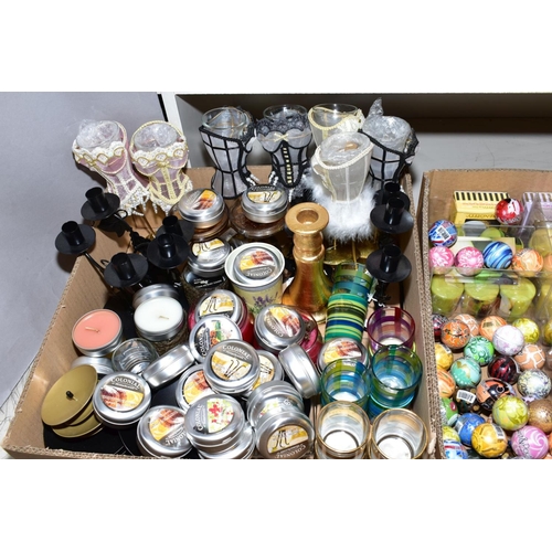 342 - A QUANTITY OF CANDLES, TEALIGHT HOLDERS, scented wax tablets, oils for oil burners, candle holders a... 