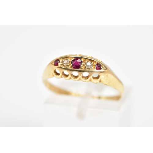 35 - AN 18CT GOLD FIVE STONE RING, set with three circular cut rubies interspaced by two single cut diamo... 