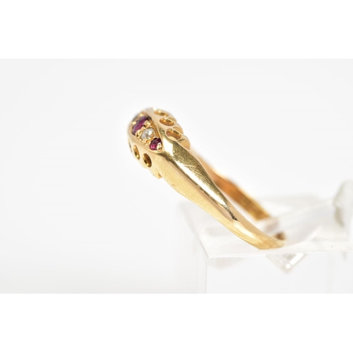 35 - AN 18CT GOLD FIVE STONE RING, set with three circular cut rubies interspaced by two single cut diamo... 