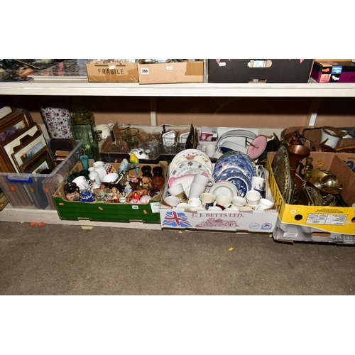 352 - EIGHT BOXES AND LOOSE CERAMICS, GLASS, BRASS AND PICTURES, etc to include blue and white plates, orn... 