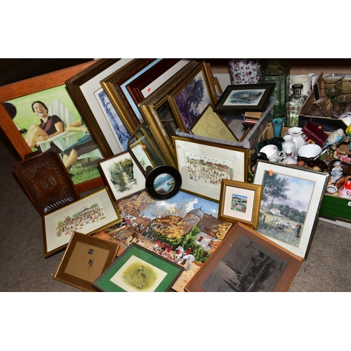 352 - EIGHT BOXES AND LOOSE CERAMICS, GLASS, BRASS AND PICTURES, etc to include blue and white plates, orn... 