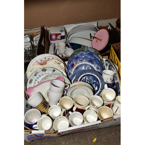 352 - EIGHT BOXES AND LOOSE CERAMICS, GLASS, BRASS AND PICTURES, etc to include blue and white plates, orn... 