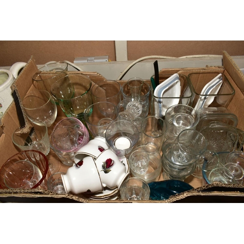 352 - EIGHT BOXES AND LOOSE CERAMICS, GLASS, BRASS AND PICTURES, etc to include blue and white plates, orn... 