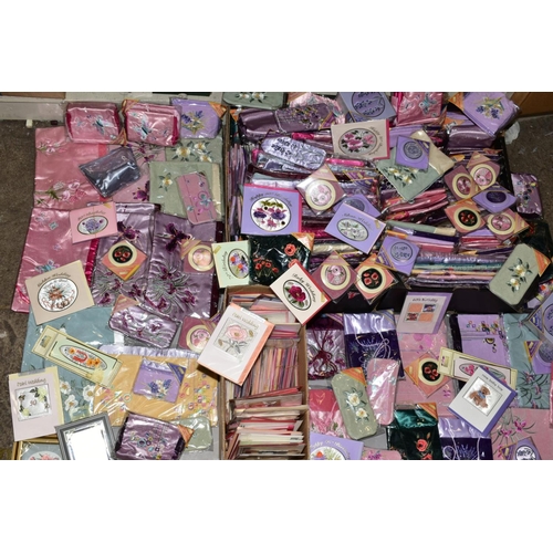 361 - THREE BOXES OF EMBROIDERY ACCESSORIES to include shoulder bags, jewellery wraps, cosmetic cases, han... 