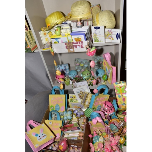 364 - TWO BOXES AND LOOSE EASTER THEMED GIFT WARES to include hanging decorations, felt bags, candles, tab... 