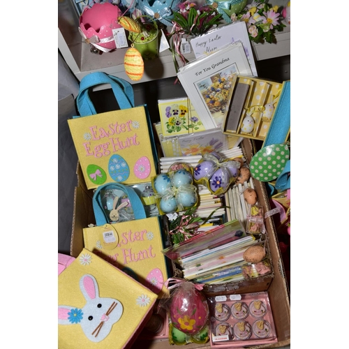 364 - TWO BOXES AND LOOSE EASTER THEMED GIFT WARES to include hanging decorations, felt bags, candles, tab... 