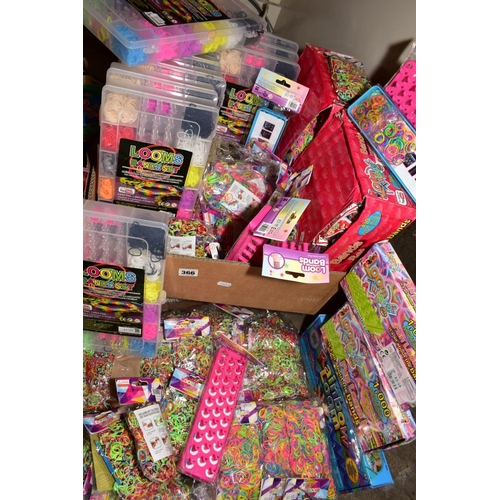 366 - A BOX OF LOOM BAND ACCESSORIES to include plastic boxes of bands, bags of bands, Loom band frames et... 