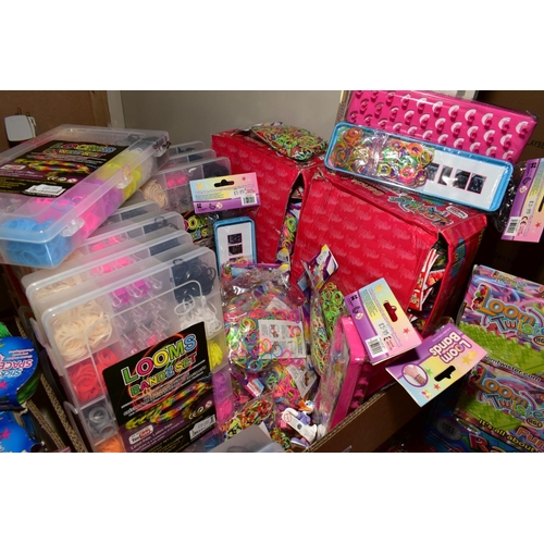 366 - A BOX OF LOOM BAND ACCESSORIES to include plastic boxes of bands, bags of bands, Loom band frames et... 