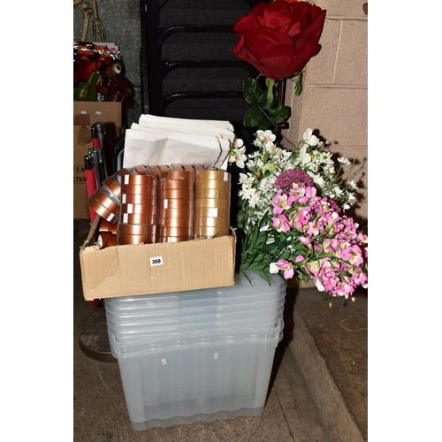 368 - ARTIFICIAL FLOWER ARRANGEMENTS, packs of adhesive tape, paper bags and plastic tubs