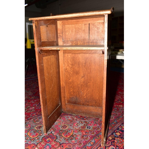 37 - A LATE 19TH CENTURY OAK LECTURN, raised back, sloped top, tongue and groove panelled sides, single s... 