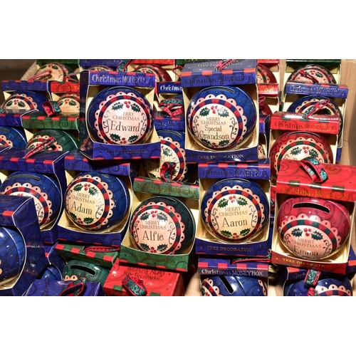 370 - CHRISTMAS THEMED ITEMS comprising named money box Christmas tree decorations and named snow globe Ch... 