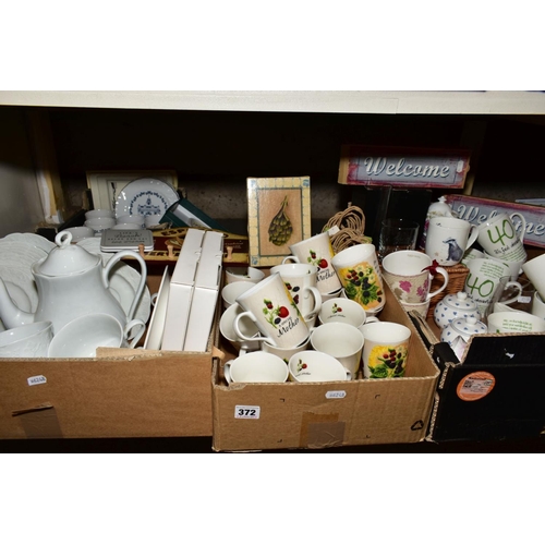 372 - FOUR BOXES OF CERAMICS ETC, to include French porcelain tea wares, 'Special Mother' mugs, David Aust... 