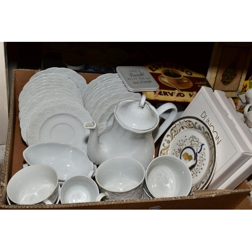 372 - FOUR BOXES OF CERAMICS ETC, to include French porcelain tea wares, 'Special Mother' mugs, David Aust... 