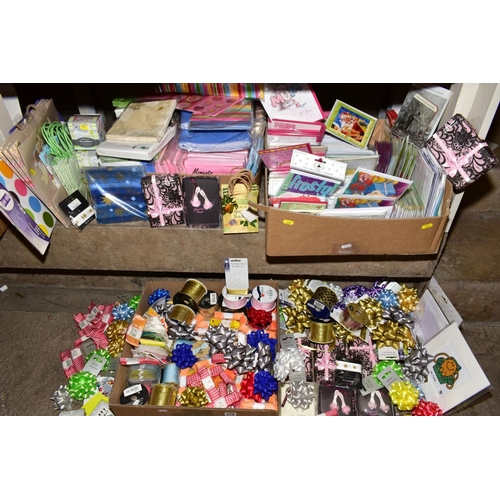 378 - FOUR BOXES AND LOOSE DECORATIVE RIBBON BOWS, assorted ribbons, Christmas and birthday cards, variety... 