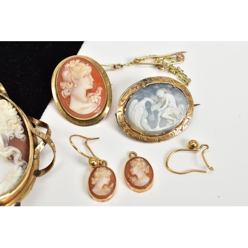 4 - A COLLECTION OF CAMEO JEWELLERY to include a small gold plated brooch depicting Leda and the Swan, a... 