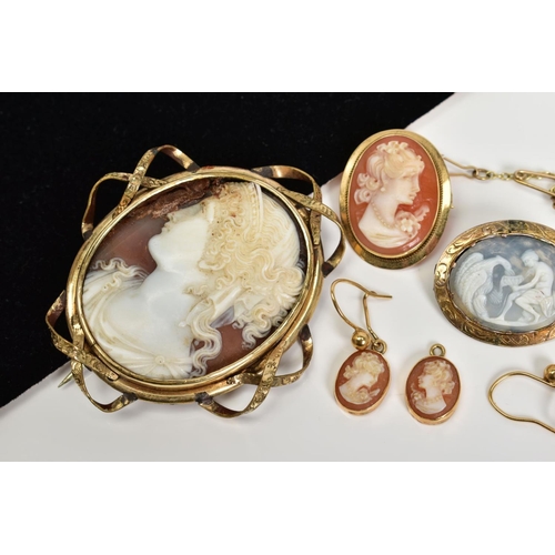 4 - A COLLECTION OF CAMEO JEWELLERY to include a small gold plated brooch depicting Leda and the Swan, a... 