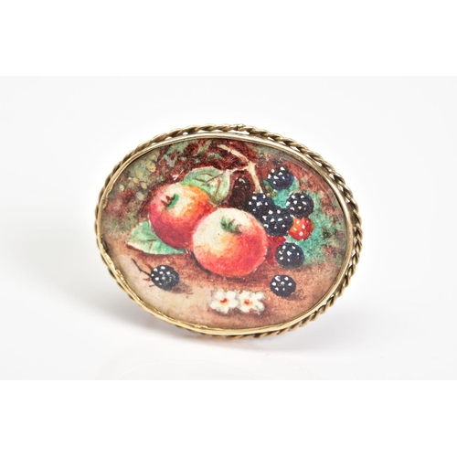 49 - A BROOCH, of oval design featuring a fruit painting within a collet mount and rope twist surround, s... 