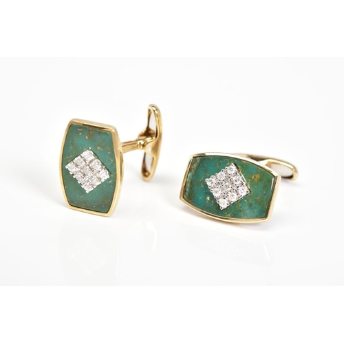 50 - A PAIR OF 9CT GOLD DIAMOND SET CUFFLINKS, each designed with a curved rectangular cut green enamel w... 