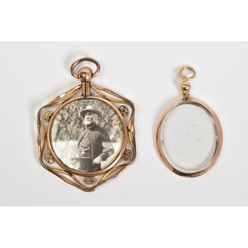 51 - TWO MEMORIAL PENDANTS, the first a 9ct gold oval plain polished double faced opened glass locket, wi... 