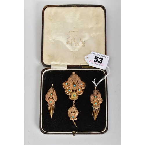 53 - A VICTORIAN BROOCH AND EARRING SET, the brooch of floral and foliate design set with circular caboch... 