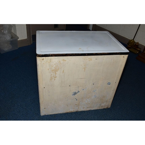 57 - A 1930'S PAINTED METAL DOBLE DOOR KITCHEN CABINET, with enamel top, height 76.5cm x width 84cm x dep... 