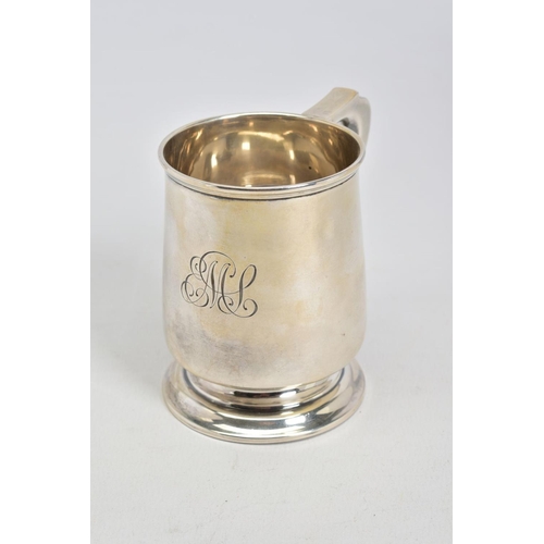 66 - A GEORGE V SILVER CHRISTENING MUG OF BALUSTER FORM, engraved monogram, stepped circular foot, S scro... 