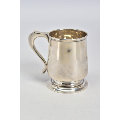 66 - A GEORGE V SILVER CHRISTENING MUG OF BALUSTER FORM, engraved monogram, stepped circular foot, S scro... 