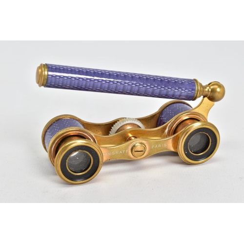 68 - A PAIR OF LATE VICTORIAN/EDWARDIAN STYLE GILT METAL AND PURPLE ENAMEL OPERA GLASSES, marked Zingraff... 