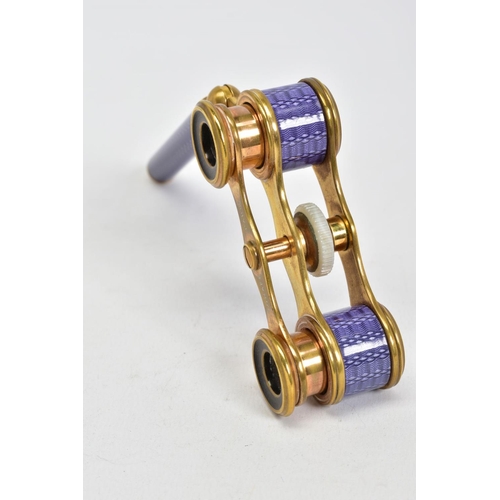 68 - A PAIR OF LATE VICTORIAN/EDWARDIAN STYLE GILT METAL AND PURPLE ENAMEL OPERA GLASSES, marked Zingraff... 