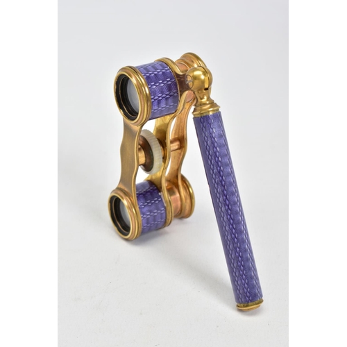 68 - A PAIR OF LATE VICTORIAN/EDWARDIAN STYLE GILT METAL AND PURPLE ENAMEL OPERA GLASSES, marked Zingraff... 