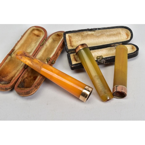 71 - THREE CHEROOT HOLDERS, the first a cased yellow Bakelite cheroot mounted with a 12ct gold Birmingham... 