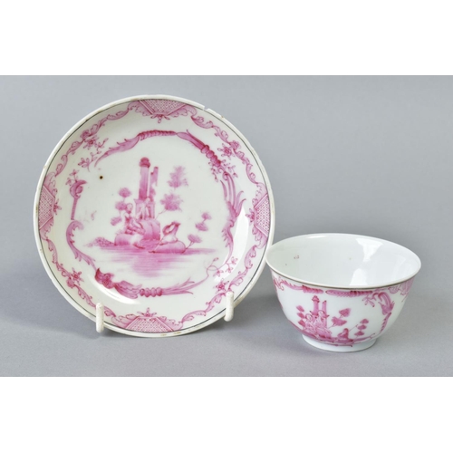 72 - AN EARLY 18TH CENTURY YONGZHONG PERIOD CHINESE PORCELAIN TEA BOWL AND SAUCER, painted in puce with W... 