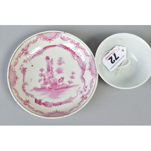 72 - AN EARLY 18TH CENTURY YONGZHONG PERIOD CHINESE PORCELAIN TEA BOWL AND SAUCER, painted in puce with W... 