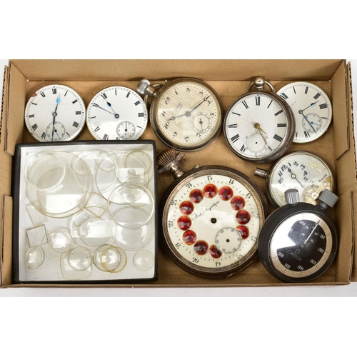 76 - A SELECTION OF POCKET WATCHES AND WATCH GLASSES, to include an Elgin pocket watch movement, a large ... 